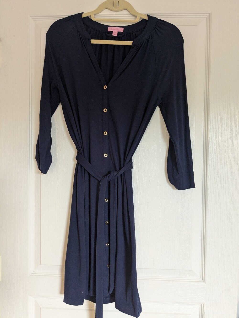 Lilly Pulitzer Navy Gold Button-Front Shirt Dress with Waist Tie XS
